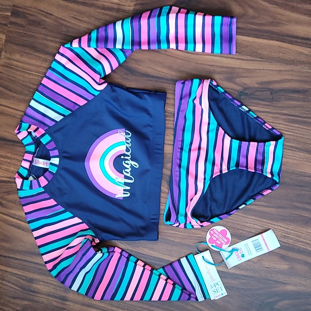 Limited Too 7/8 swim suit crop-top long sleeve set 2 pc. Navy with stripes